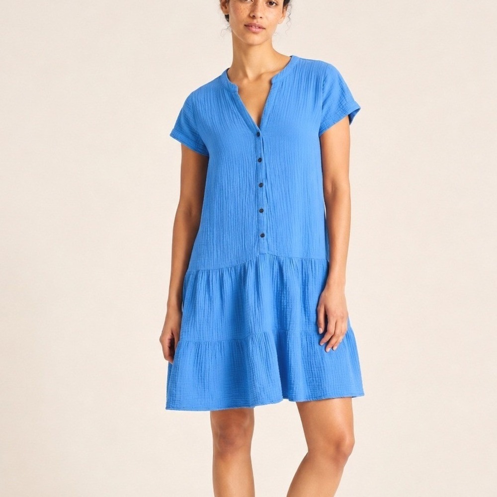 J. Jill Women Blue Cotton Gauze Tiered Henley Dress XS Petite Summer Boho Casual